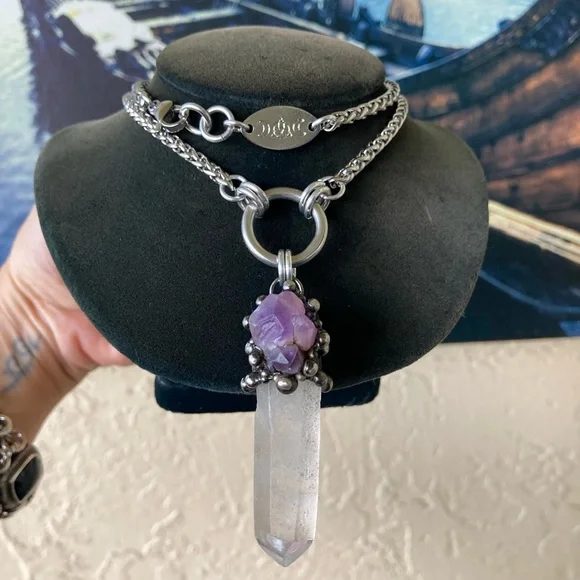 Natural raw purple amethyst & crystal quartz gemstone boho charm necklace - Picture 8 of 16